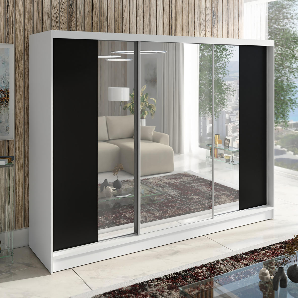 SCHWEBETÜRENSCHRANK 200 CM VIDA Farbe: Weiß, Schwarz - Schwarz/Weiß, Holzwerkstoff (200/215/60cm) - A&J MöbelLand