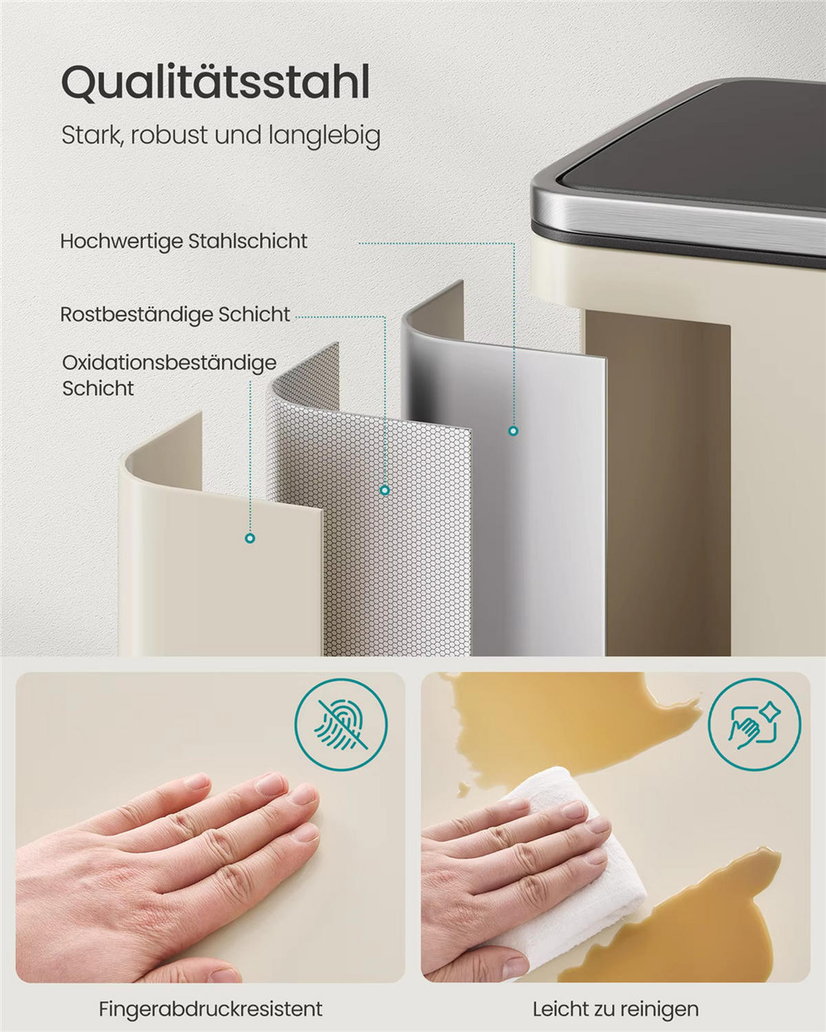 ABFALLSAMMLER 50 L Stahl Softclose Deckel Mülleimer - Beige, Metall (41.6/64.7/37.2cm) - Kaket