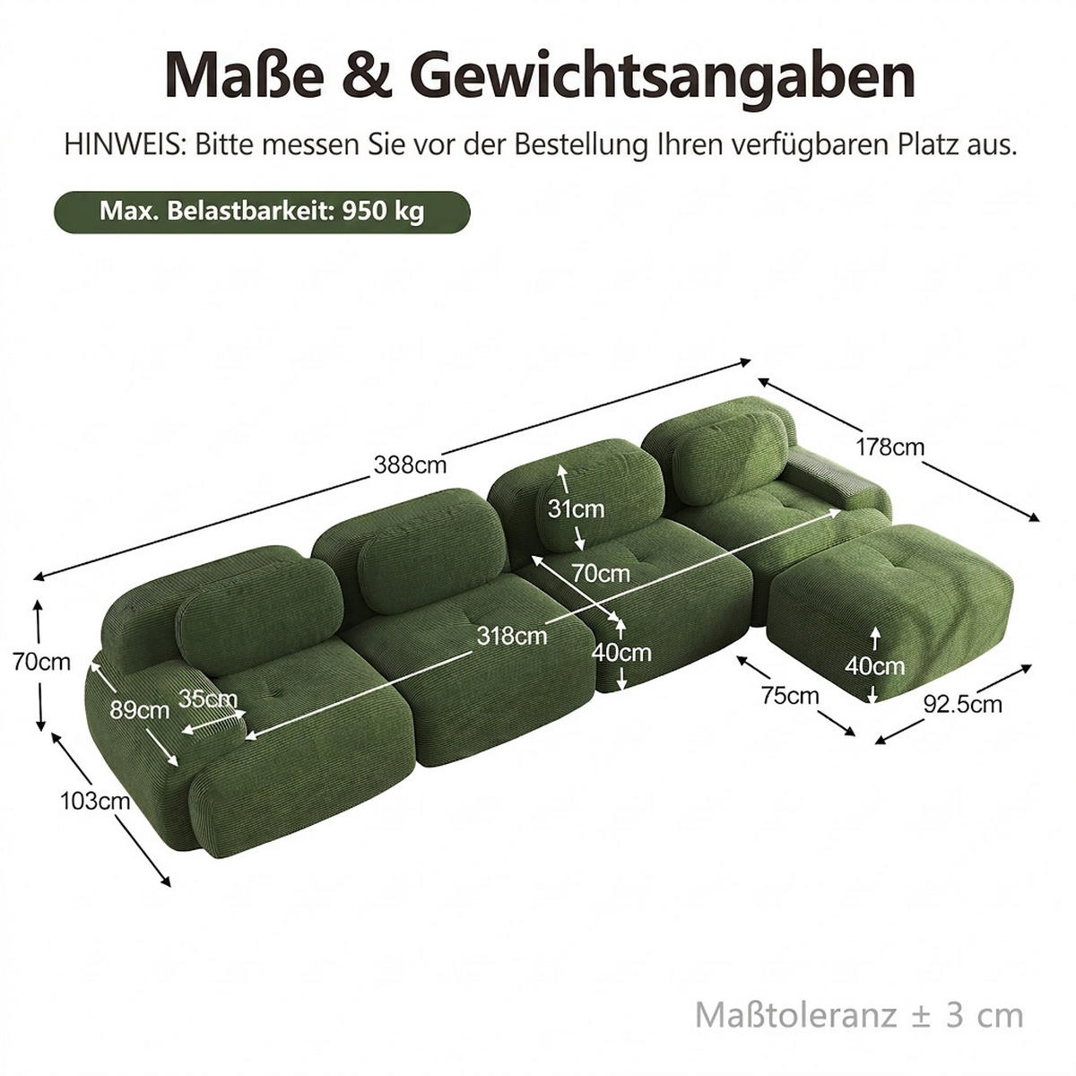 ECKSOFA 388/178/70 cm Grün Cord mit extra-breiten Armlehnen, Rahmenloses - Grün, Textil (388/178cm) - Oxeza