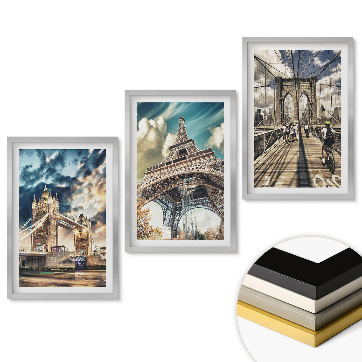 WANDBILDER 3er Set - 40x60 cm Silberner Rahmen - Brücken, Türme, europäische Städte - Silberfarben, Kunststoff (40/60cm) - ArtPrintCave