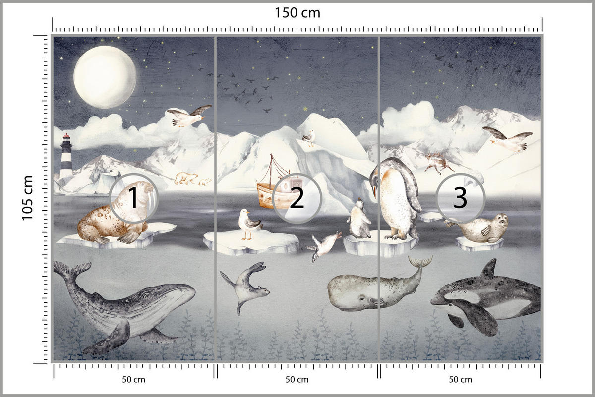 FOTOTAPETE für Kinderzimmer Arktische Tiere Pinguine Robben Mond Gebirge 150x105 - Orange/Weiß, Papier (150/105cm) - Muralo