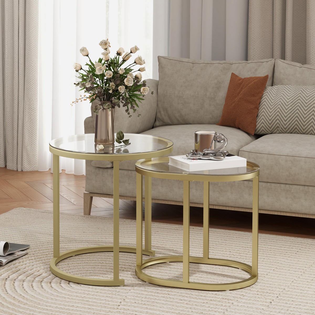 COUCHTISCH Ø50/60/36 cm Gold aus Stahl und Hartglas stapelbar - Goldfarben, Metall (50/50/50.5cm) - OKMYHOME