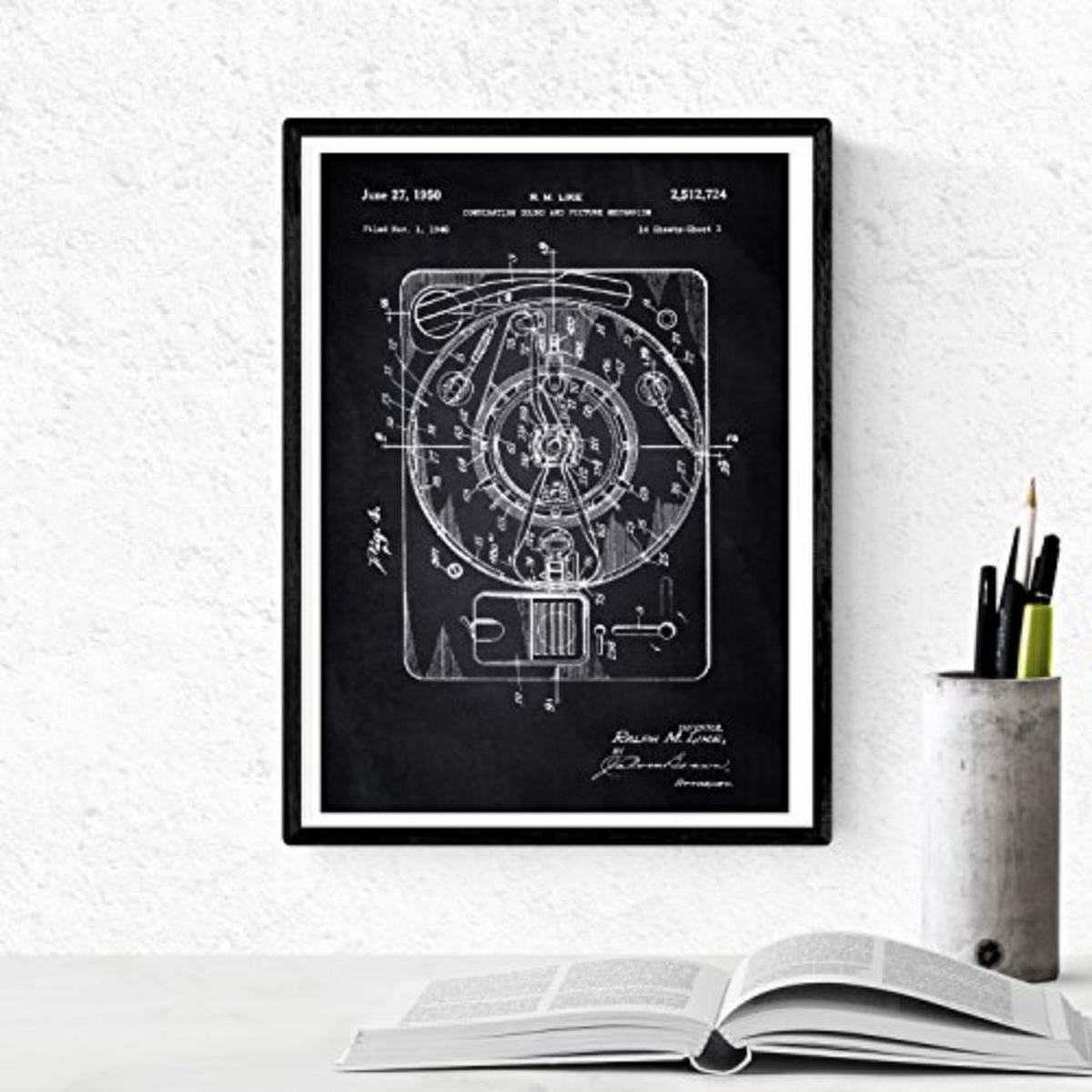 POSTER Set mit 4 Schwarz Drehscheibe Patenten A4 Schwarzer Rahmen - Schwarz, Papier (29.7/3cm) - Nacnic