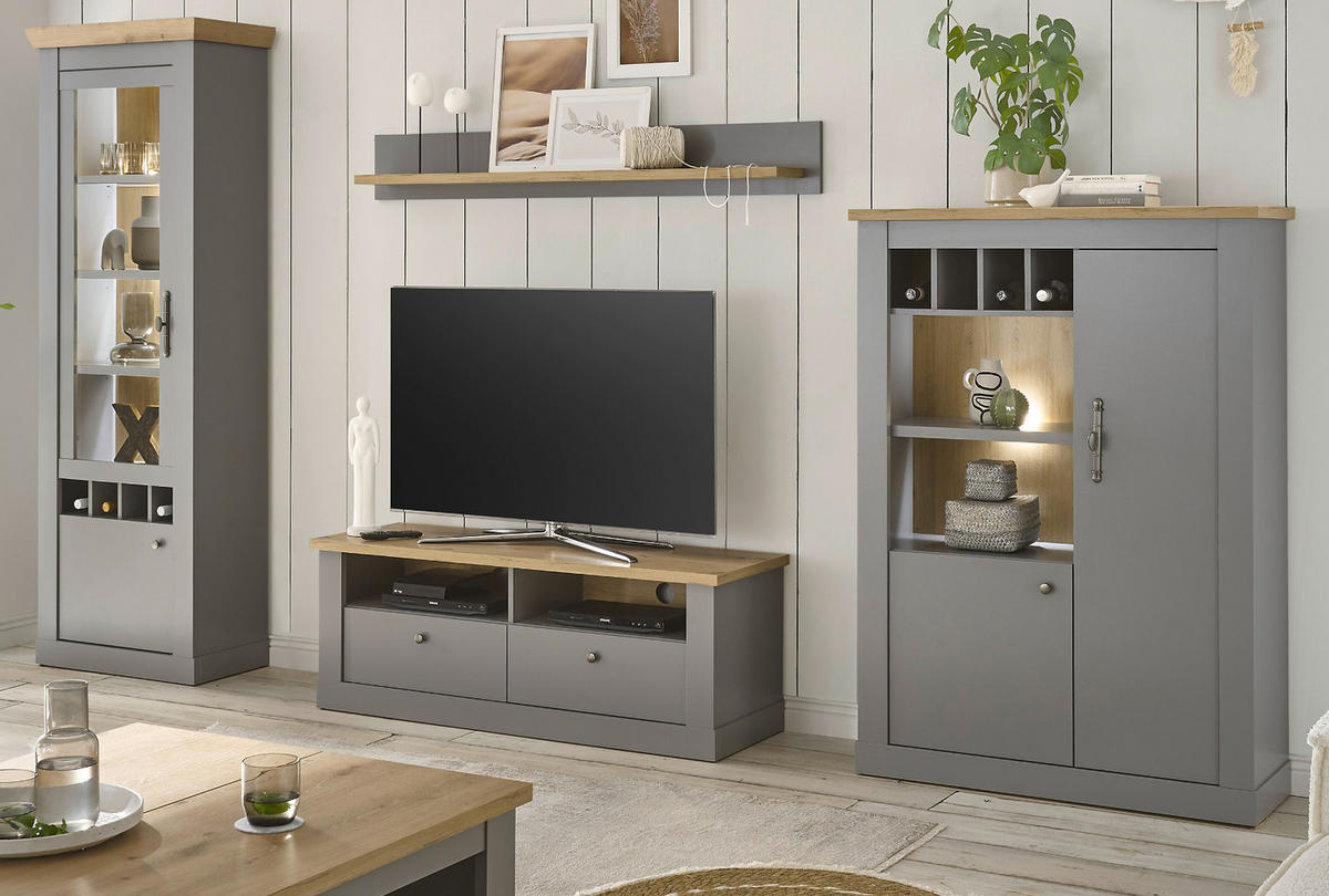 WOHNWAND grau, Artisan Eiche 4-teilig 326 cm, Wohnkombination im Landhaus-Stil - Silberfarben/Hellgrau, Glas/Holzwerkstoff (326/201/44cm) - Furn.Design