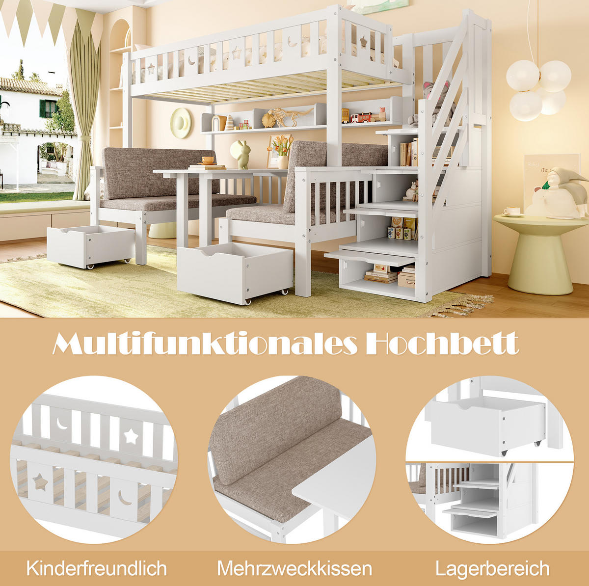 HOCHBETT 90/200 cm mit Matratze 2-in-1-Bett und Schreibtisch mit Stauraumleiter weiß - Weiß, Holzwerkstoff (90/200cm) - OKWISH