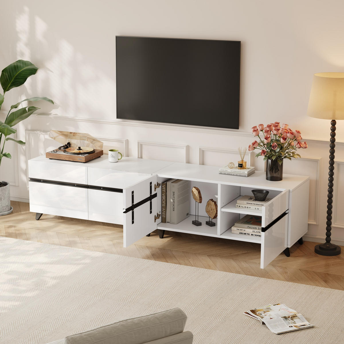 TV-SCHRANK Hochglanz 4 Türen 8 Beine 80 Zoll 180cm Weiß Modern - Weiß, Holzwerkstoff (180/49/40cm) - FLIEKS