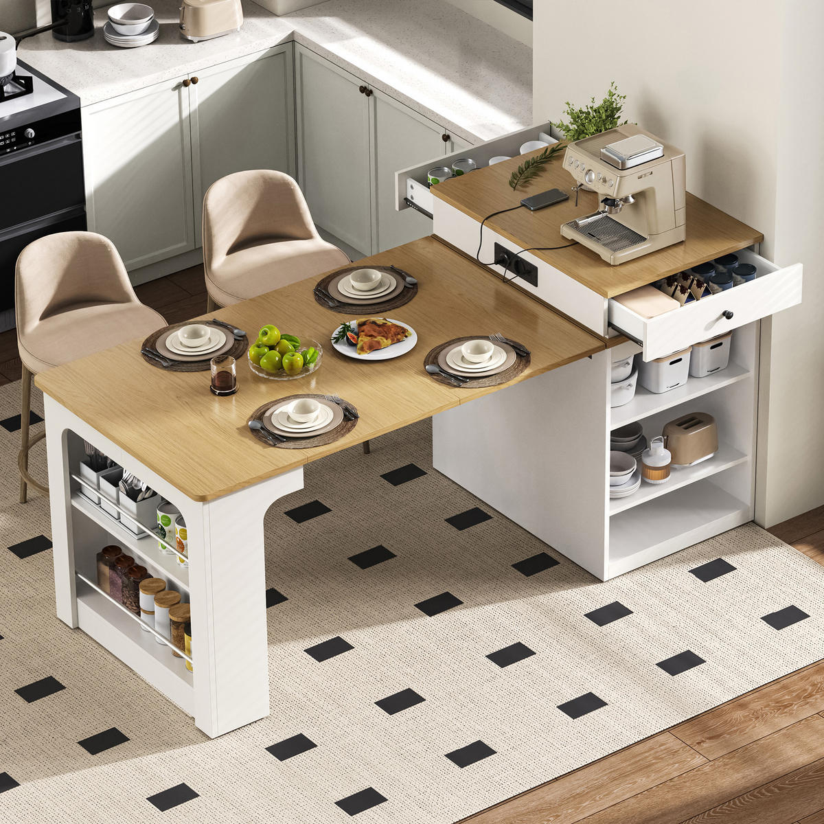 KÜCHENINSEL in Naturfarbe und Weiß Servierwagen mit ausziehbarer Tischplatte für Esszimmer und Küche, B71/T80/H92 cm - Naturfarben/Weiß, Glas/Holzwerkstoff (151/92/80cm) - STILVORA
