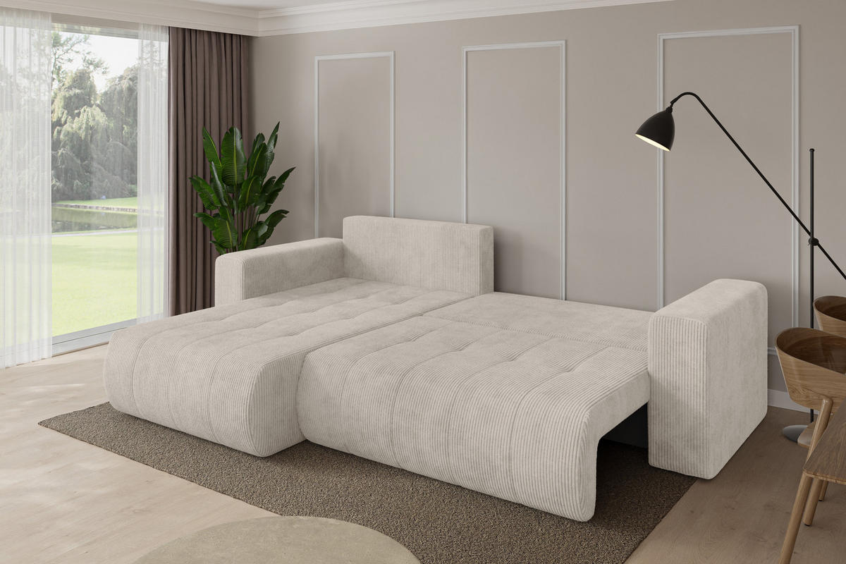 ROHOVÁ SEDAČKA s funkcí spaní, otoman vlevo MILA-L 277x194x86 krémová manšestr - černá/krémová, kompozitní dřevo/textil (277/194cm) - ALTDECOR