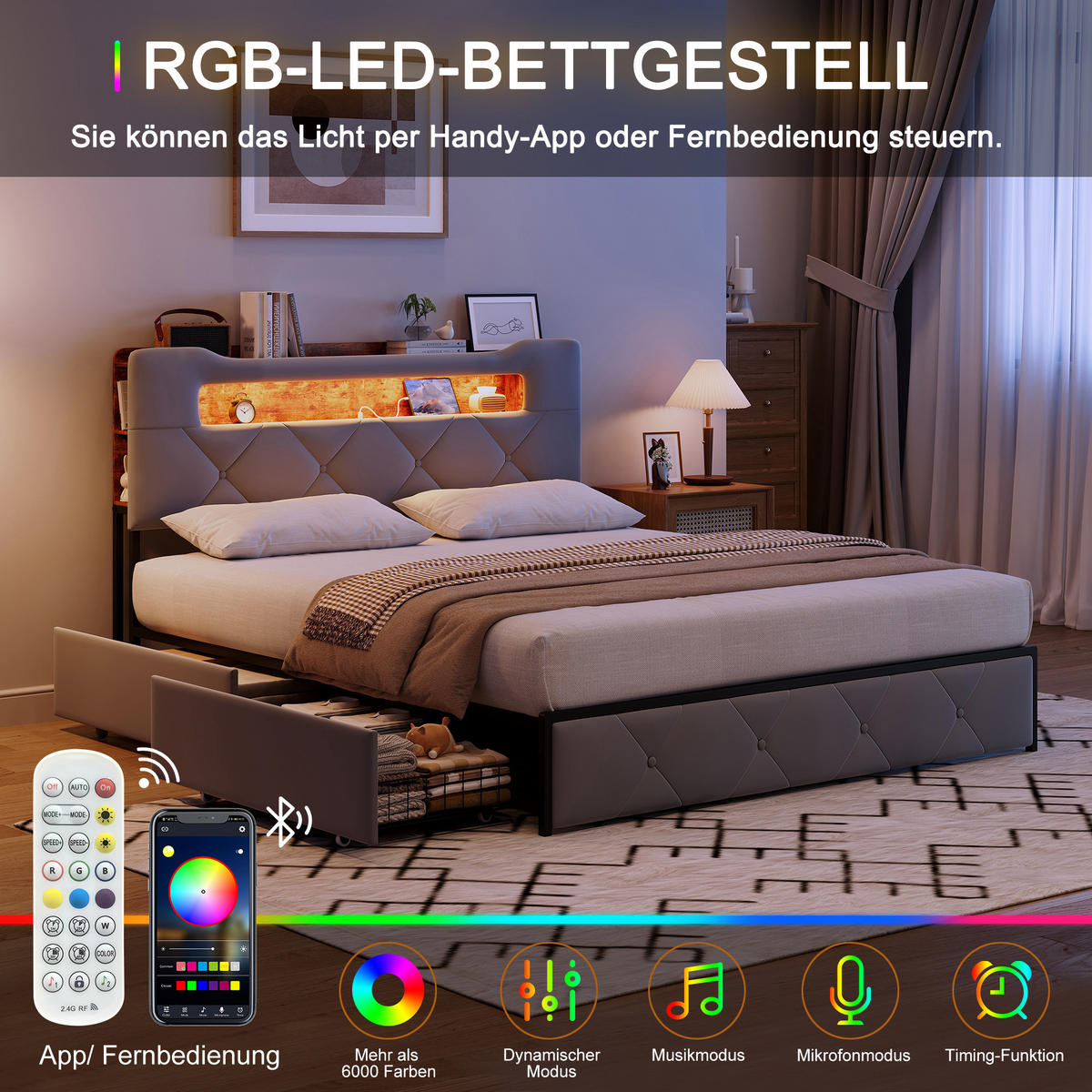 POLSTERBETT 140x200, jugendbett mit 4 Schubladen, LED, USB, Kopfteil, Lattenrost, samt, grau - Grau, Holzwerkstoff/Textil (140/200cm) - GENKI LIVING