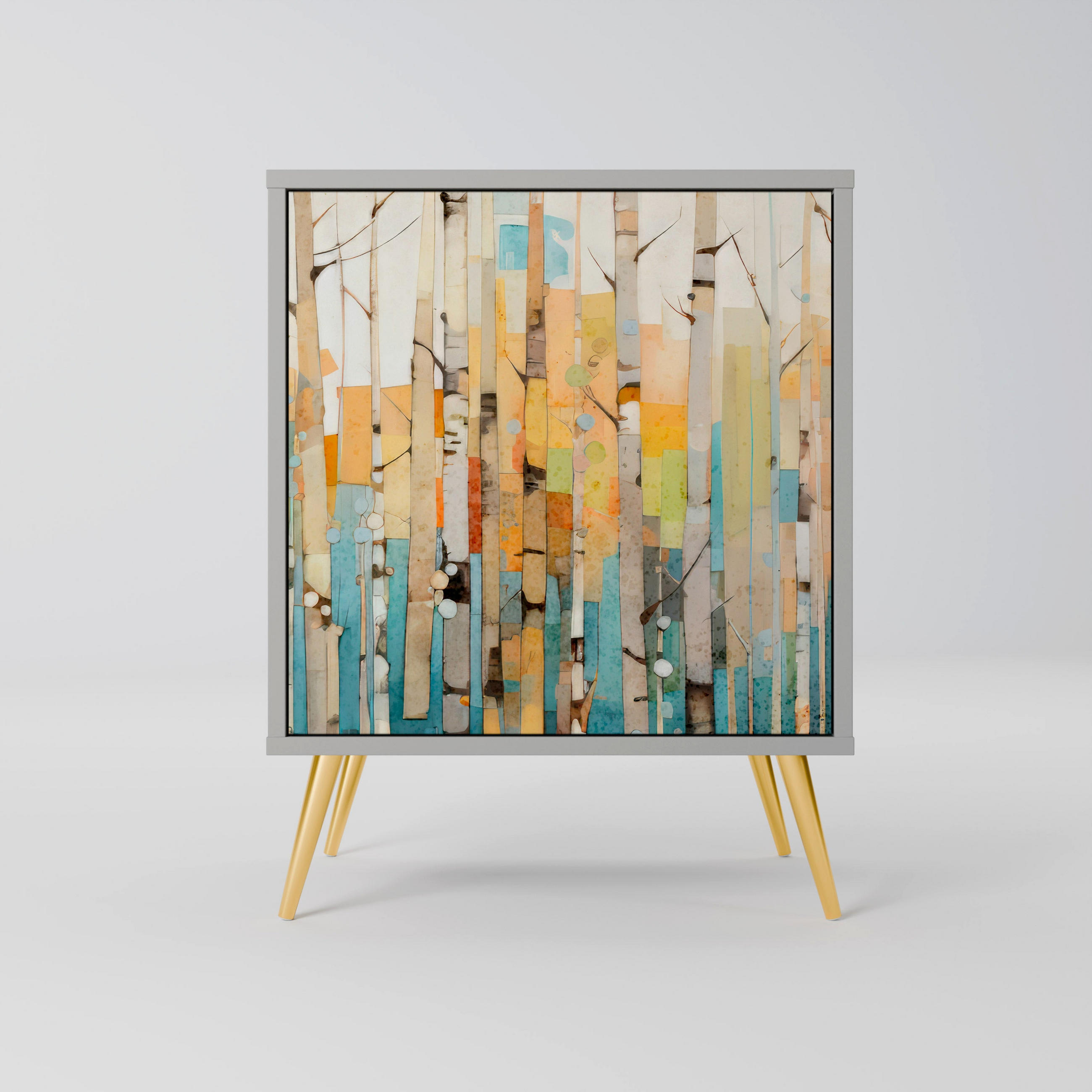 SIDEBOARD BIRCH KALEIDOSCOPE, Grau, 57,5x42x75,5 cm, Goldfarbene Metallfüße - Goldfarben/Multicolor, Holzwerkstoff/Metall (57.5/75.5/42cm) - SpaceRebels