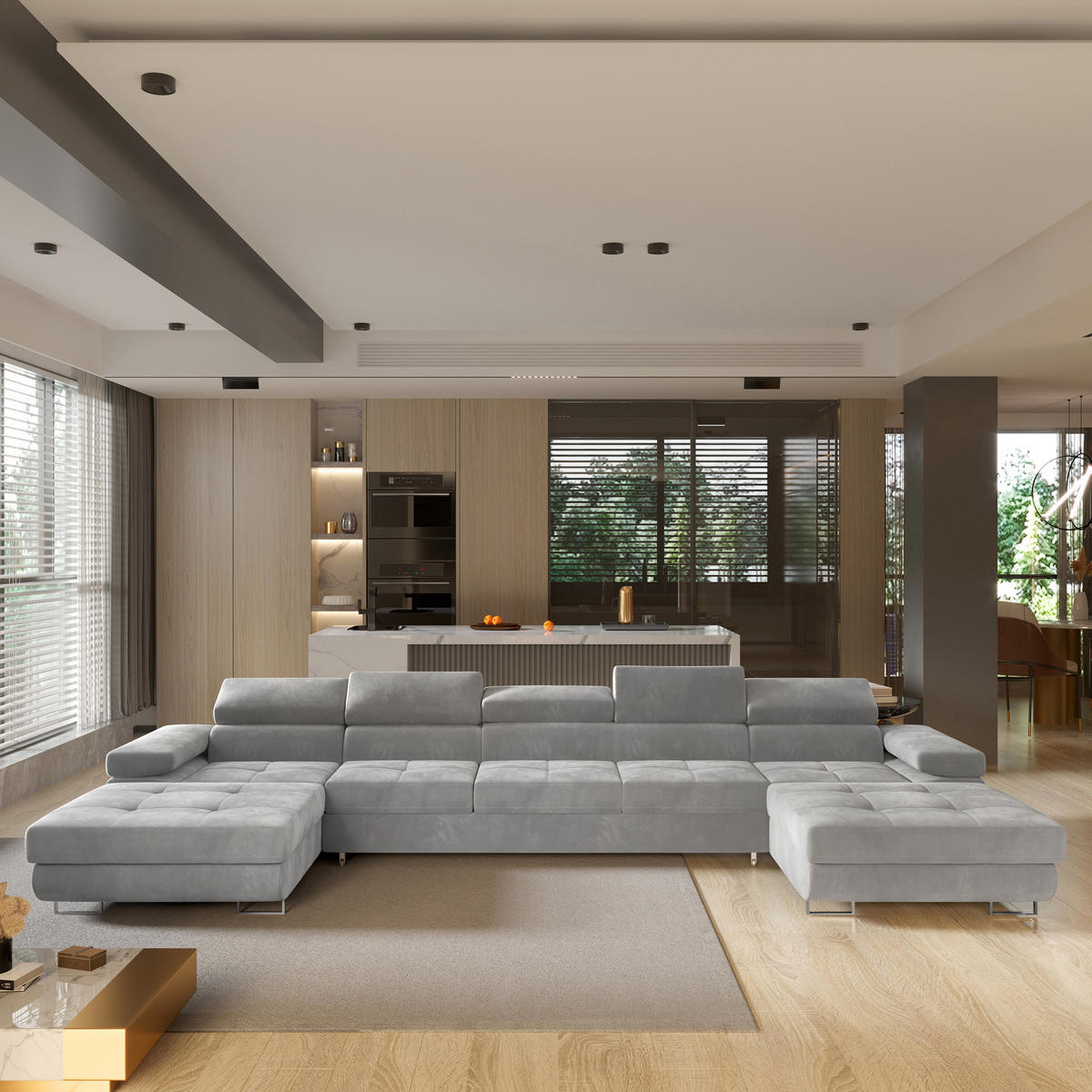 ROHOVÁ SEDAČKA OMBRA světle šedá - stříbrná/světle šedá, kov/dřevo (425/202cm) - MASSENO