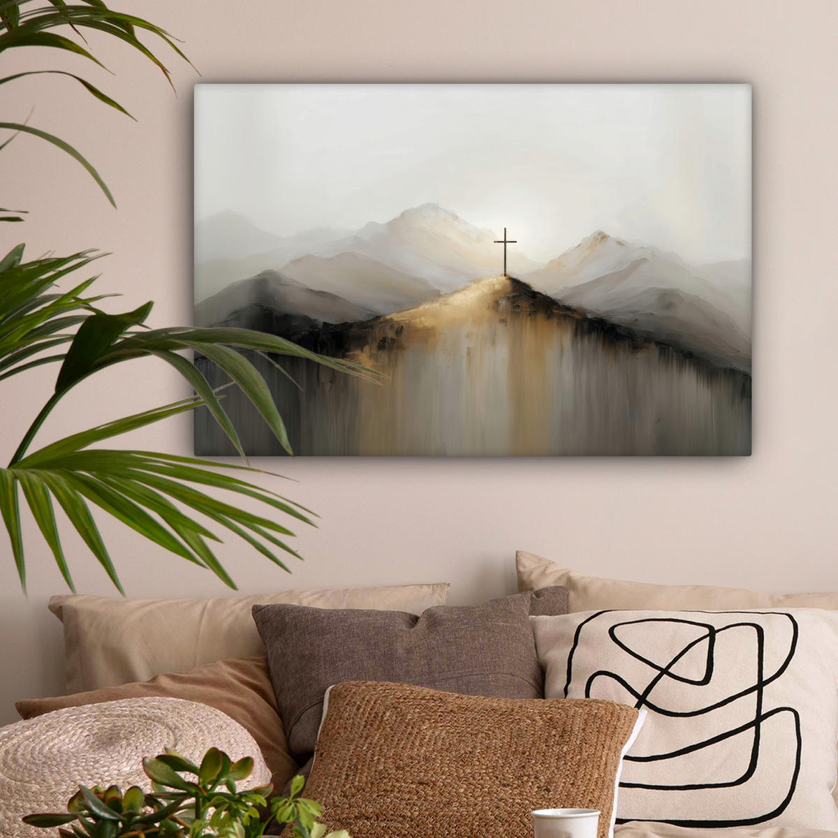 LEINWANDBILD Hügel - Abstrakt - Kreuz - Christentum Gemälde 60x40 cm - Beige, Textil (60/40cm) - MuchoWow