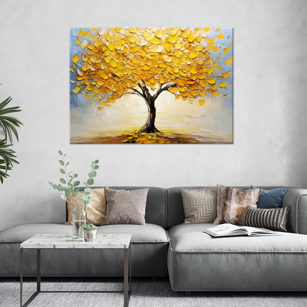 LEINWANDBILD Goldener Baum abstrakt gemalt - Gelb, Textil (60/40cm) - Feeby