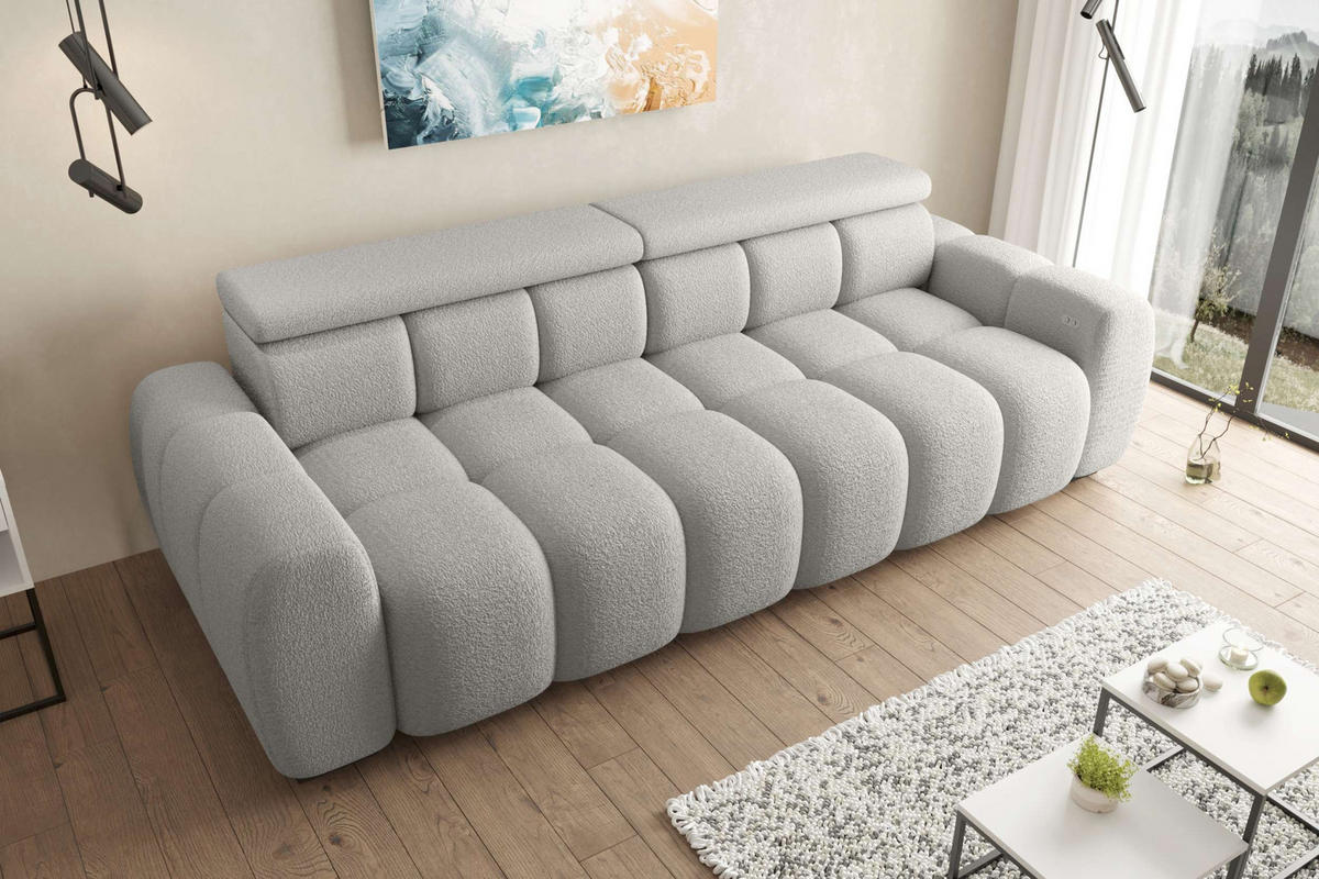 BIGSOFA ALESSIO Bouclé-Stoff Grau mit elektrischer Sitztiefenverstellung - Grau, Kunststoff/Textil (248/77/108cm) - 99rooms