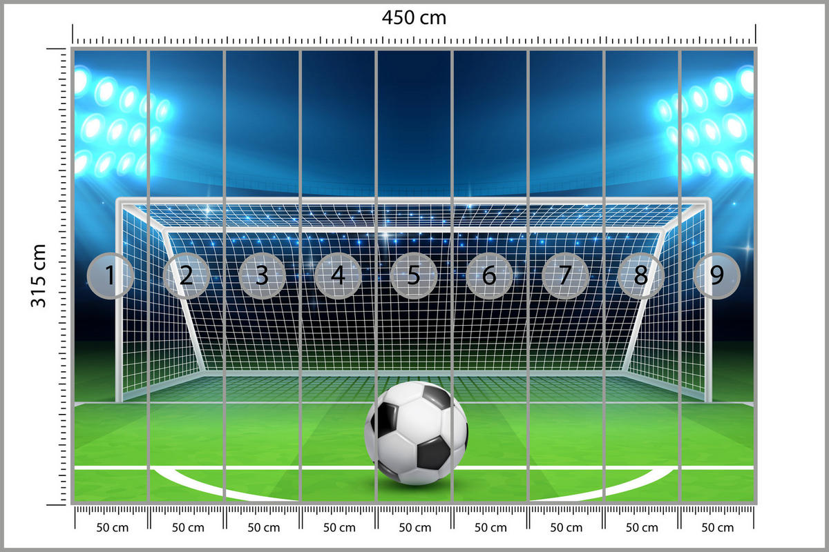 FOTOTAPETE für Jugendzimmer Elfmeter Schuss Linie Fußball 450x315 - Blau/Schwarz, Papier (450/315cm) - Muralo
