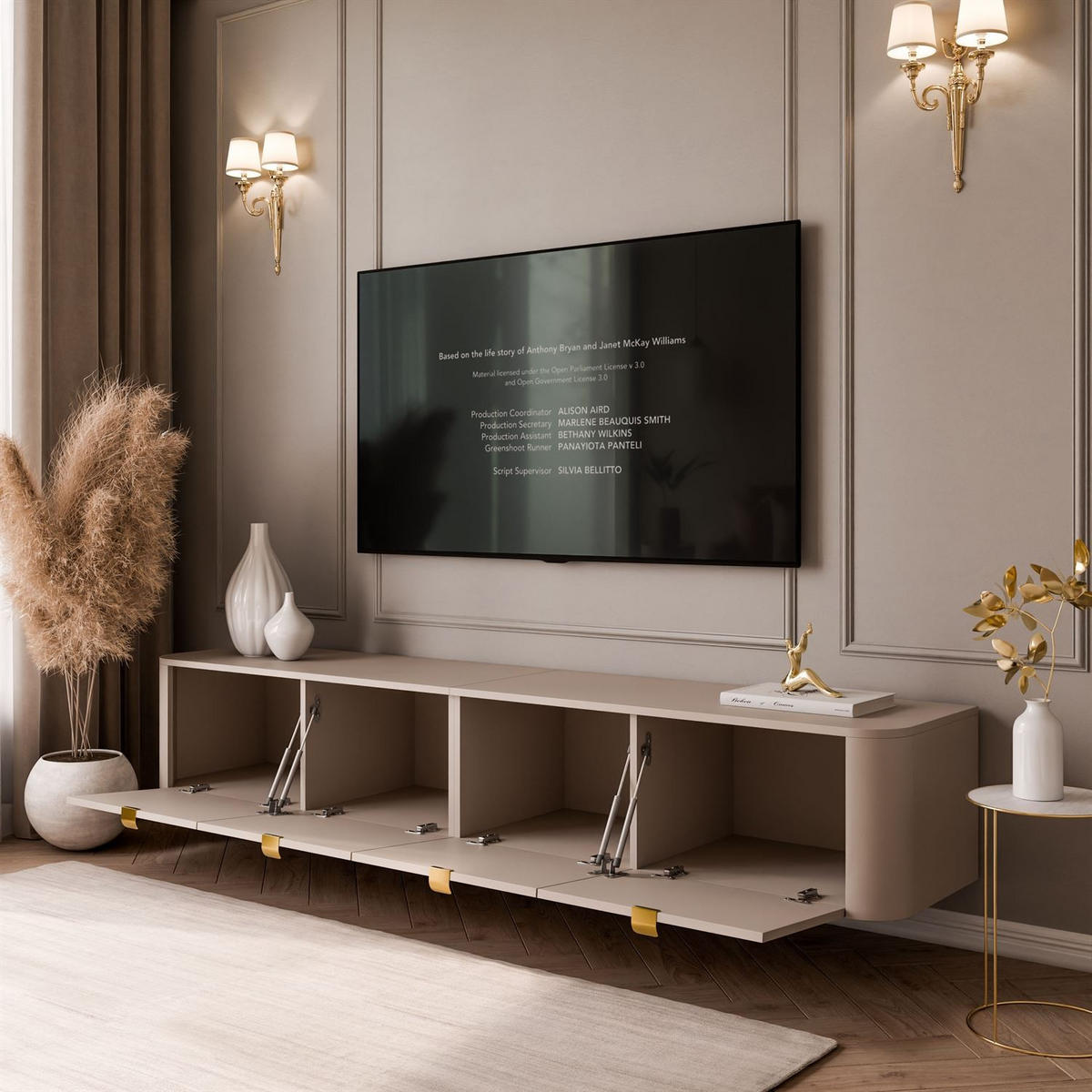 TV-HÄNGESCHRANK CELESTE mit LED-Beleuchtung, Golden Griffe - Kaschmir, Holzwerkstoff (200/33.5/40cm) - Lookway