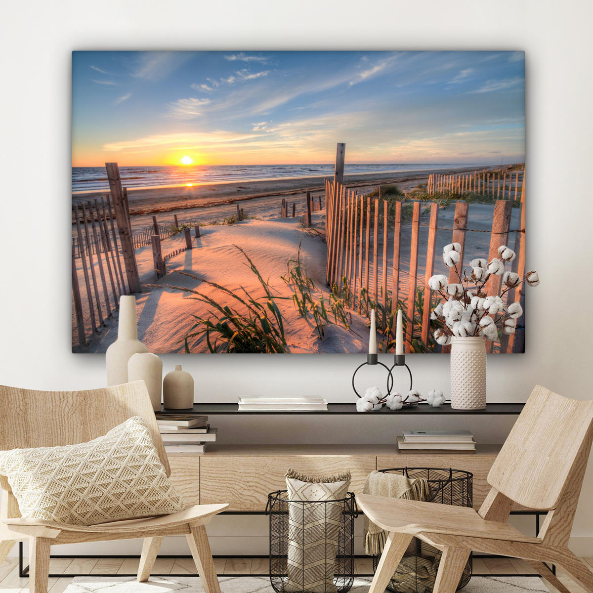 LEINWANDBILD Strand - Meer - Düne - Sonnenuntergang - Landschaft Wohnzimmer Groß 120x80 cm - Beige, Textil (120/80cm) - MuchoWow