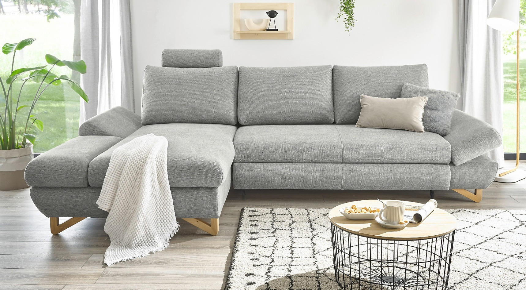 ECKSOFA hellgrau Struktur-Stoff, Sofa mit Bettfunktion und Stauraum 284 cm - Hellgrau, Holz/Textil (166/284cm) - Furn.Design
