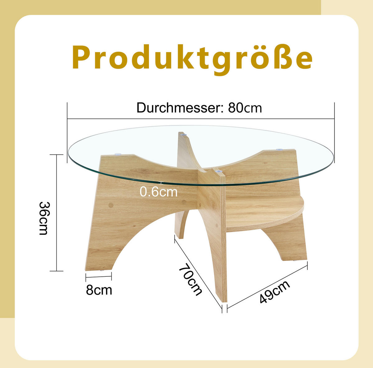 COUCHTISCH 80/80/36 cm mit Sicherheitsglasplatte und fächerförmigem MDF-Gestell, Transparent/Naturholz - Naturfarben, Holzwerkstoff (80/80/36cm) - Redom