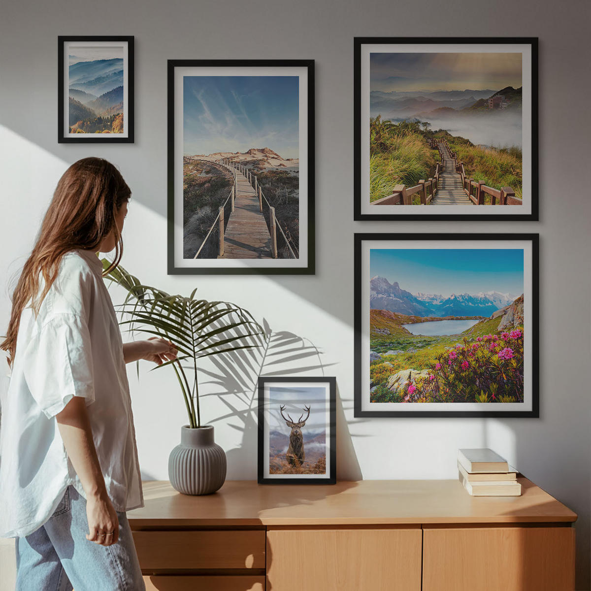 BILDER SET 5er Set - 50x50 cm & 20x30 cm & 40x60 cm Schwarzer Rahmen - Berglandschaft, See, Hirsche - Schwarz, Kunststoff (40/60cm) - TULUP