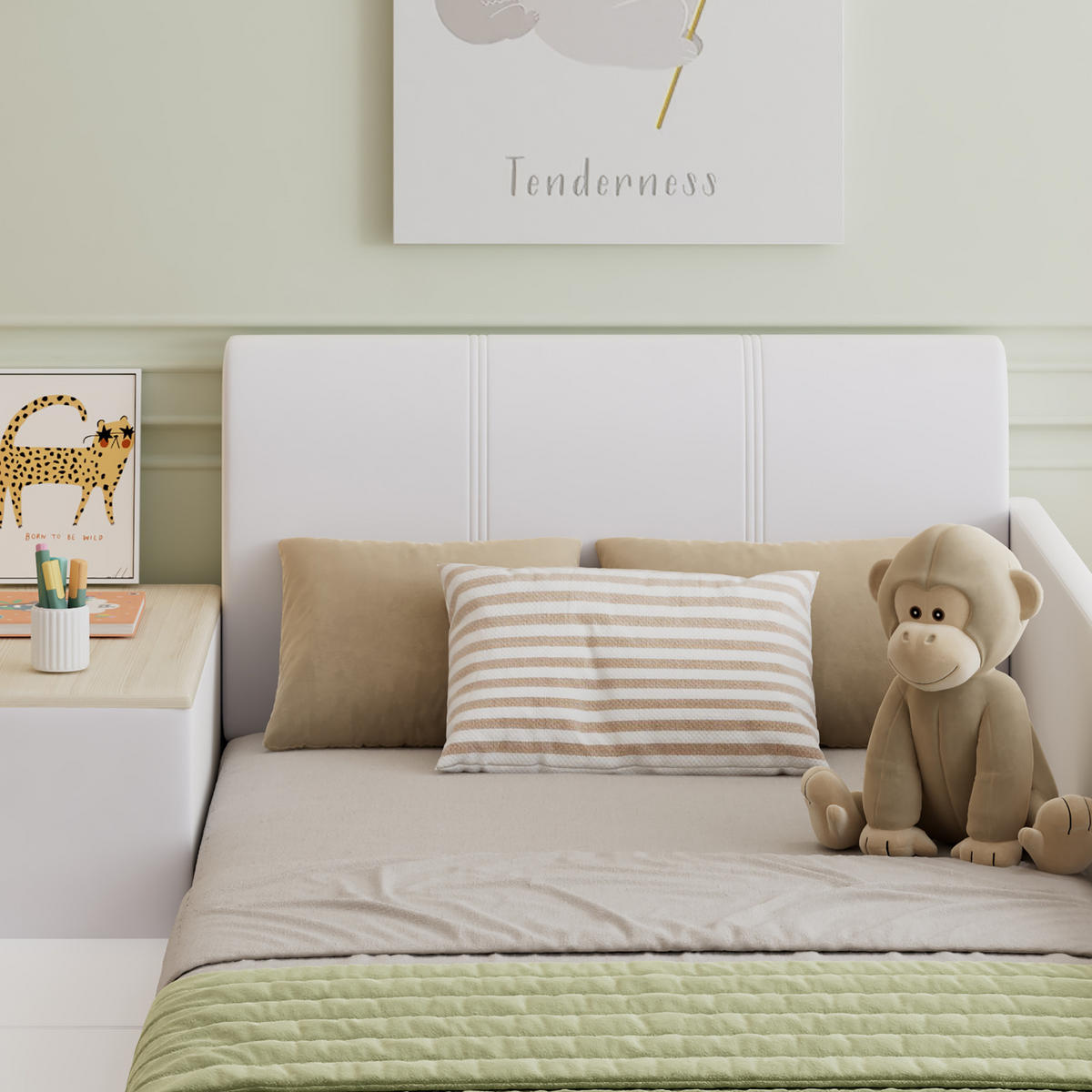 KINDERBETT 90/200 cm in Weiß Samt mit Schreibtisch, Hocker und Ablageboden - Weiß, Holzwerkstoff/Textil (90/200cm) - WISHDOR
