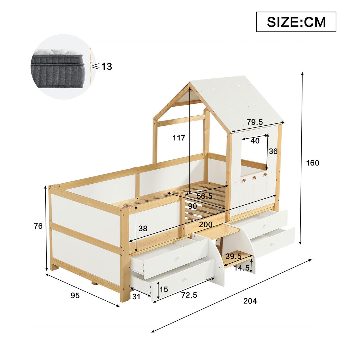 HAUSBETT 90/200 mit Dach, 4 Schubladen und kleiner Treppe in Weiß und Natur - Weiß/Naturfarben, Holzwerkstoff (90/200cm) - EVRYAE