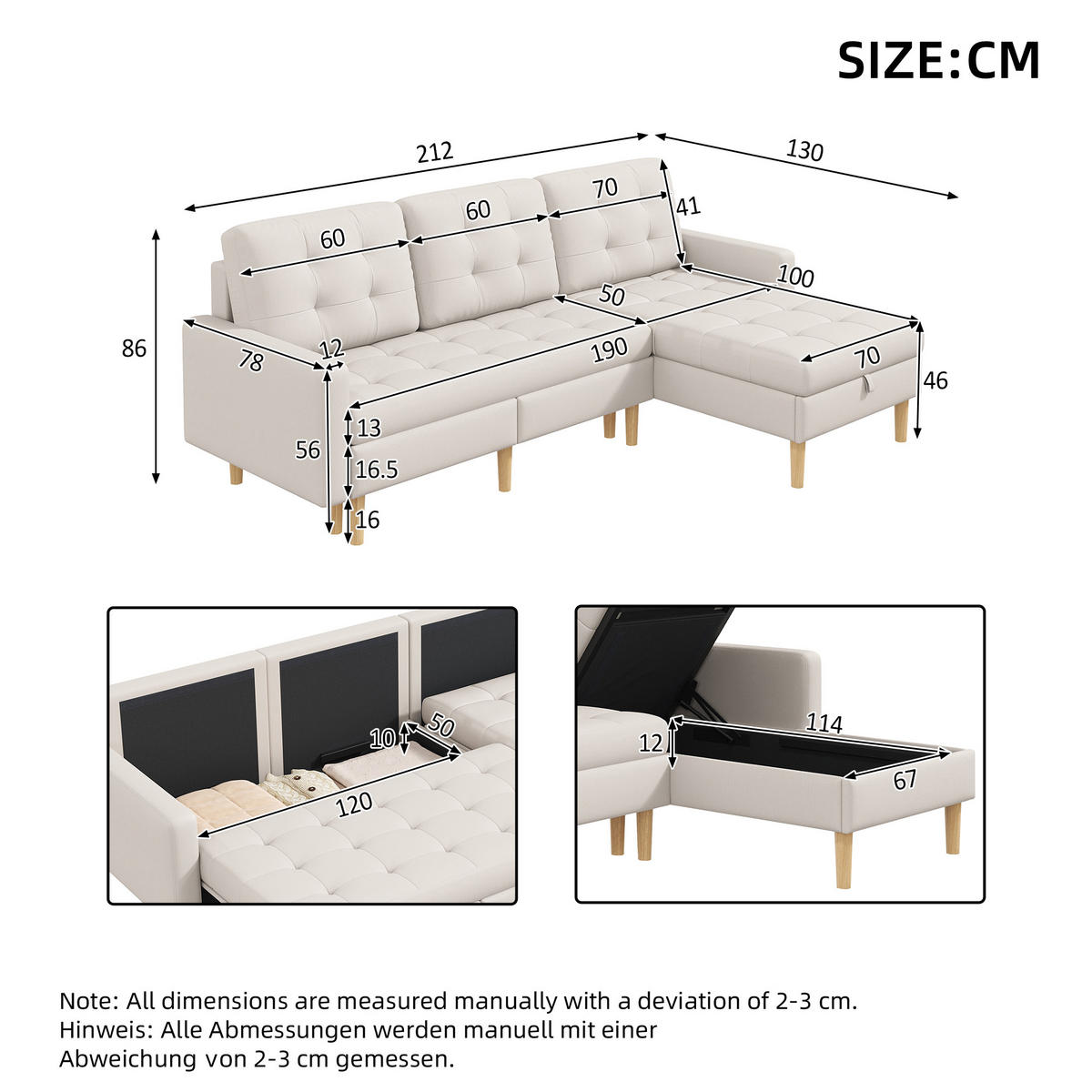ECKSOFA L Form Stauraum Chaiselongue 3-Sitzer Beige 212cm - Beige, Textil (212/130cm) - FLIEKS