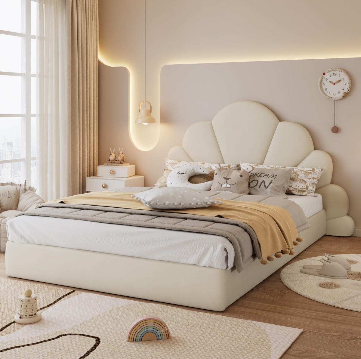 POLSTERBETT 140/200 cm in Beige aus Samt mit Blüten-Kopfteil - Beige, Textil (140/200cm) - Flora Grace