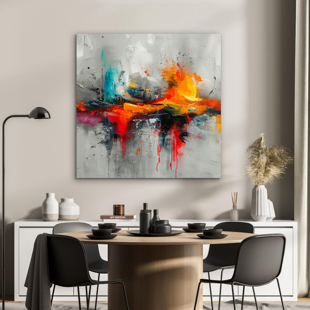 KOVOVÝ OBRAZ Moderné umenie - Oranžová - Sivá - Abstraktné 90x90 cm - svetlosivá, kov (90/90cm) - MuchoWow