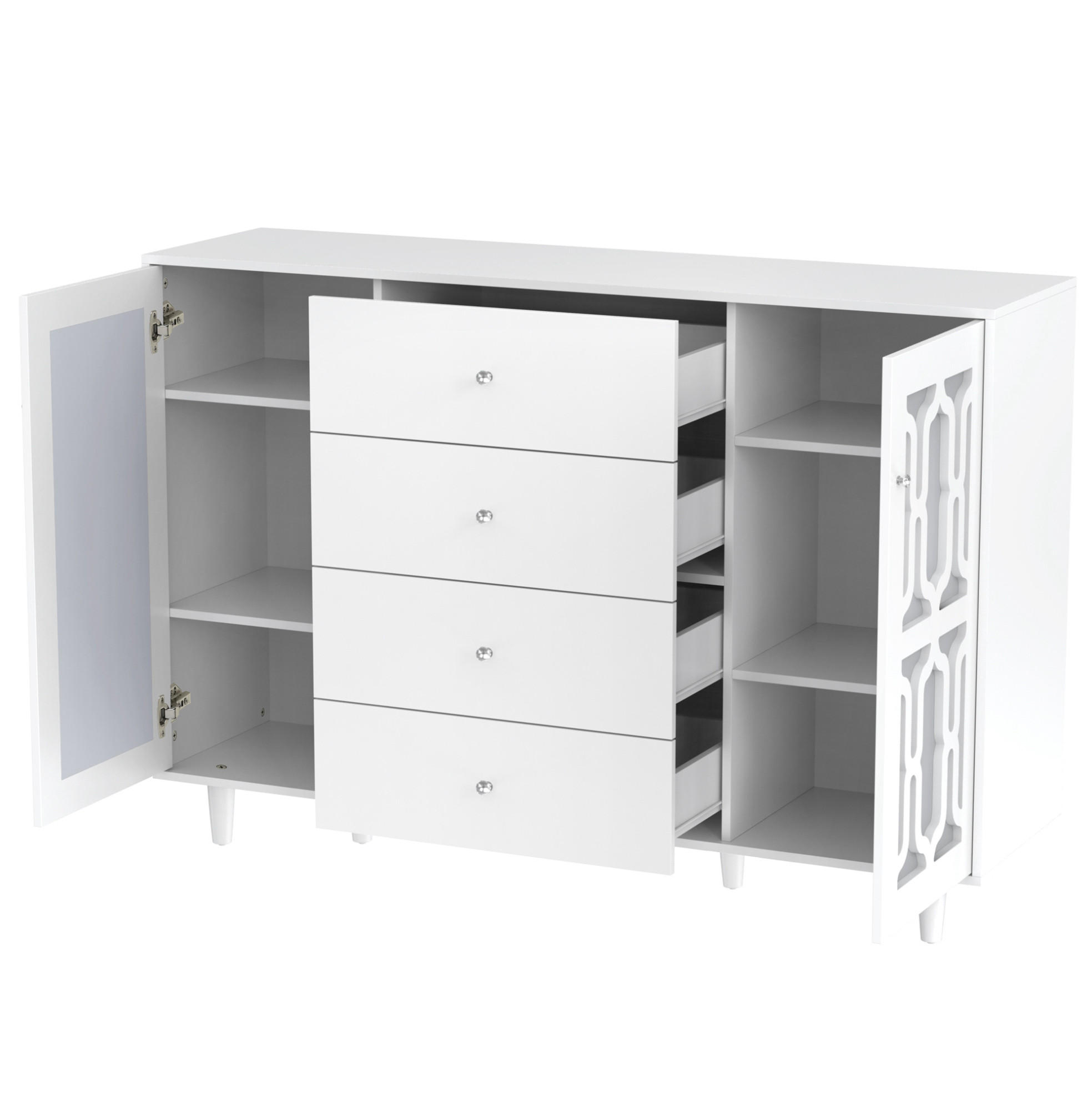 SKŘÍŇ na nádobí 147,5/40/102 cm bílá, MDF se zrcadlovým povrchem a skleněnými úchytkami - bílá, kompozitní dřevo (147.5/102/40cm) - BEAOK