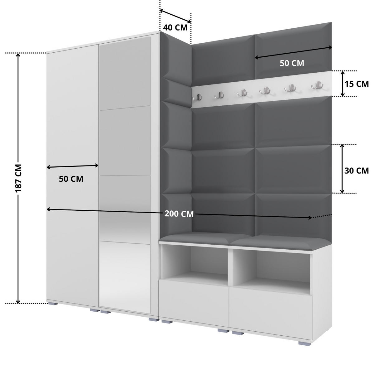 GARDEROBE NELA VI 200 cm (Kompaktgarderobe Weiß mit Spiegel & Sitzpolster Dunkelgrau 15 Schrank & Paneel) - Dunkelgrau/Silberfarben, Holz/Holzwerkstoff (200/187/40cm) - Ravio