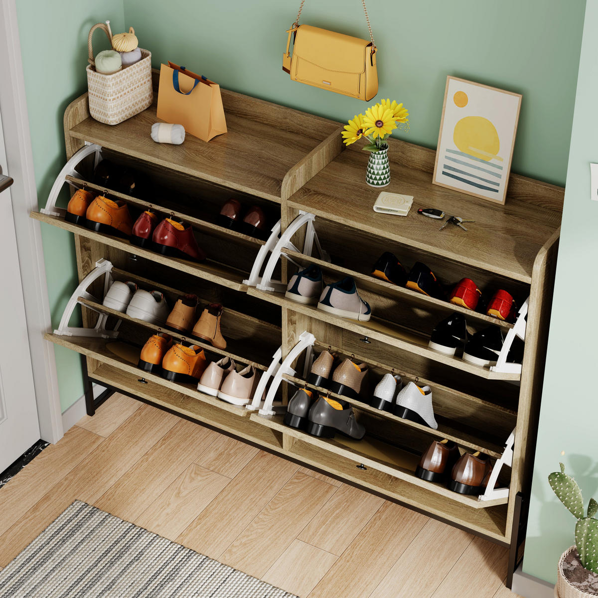 SCHMALER Schuhschrank mit 4 Klapptüren, Holz, Beige - Naturfarben, Textil (118/91.5/25cm) - Urban Meuble