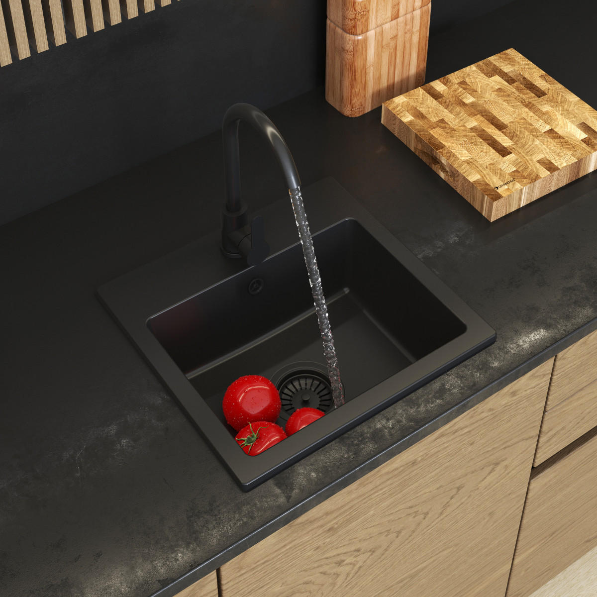 GRANITSPÜLE Teor mit Batterie Siphon - Schwarz, Kunststoff/Stein (42/17/46cm) - Granitan