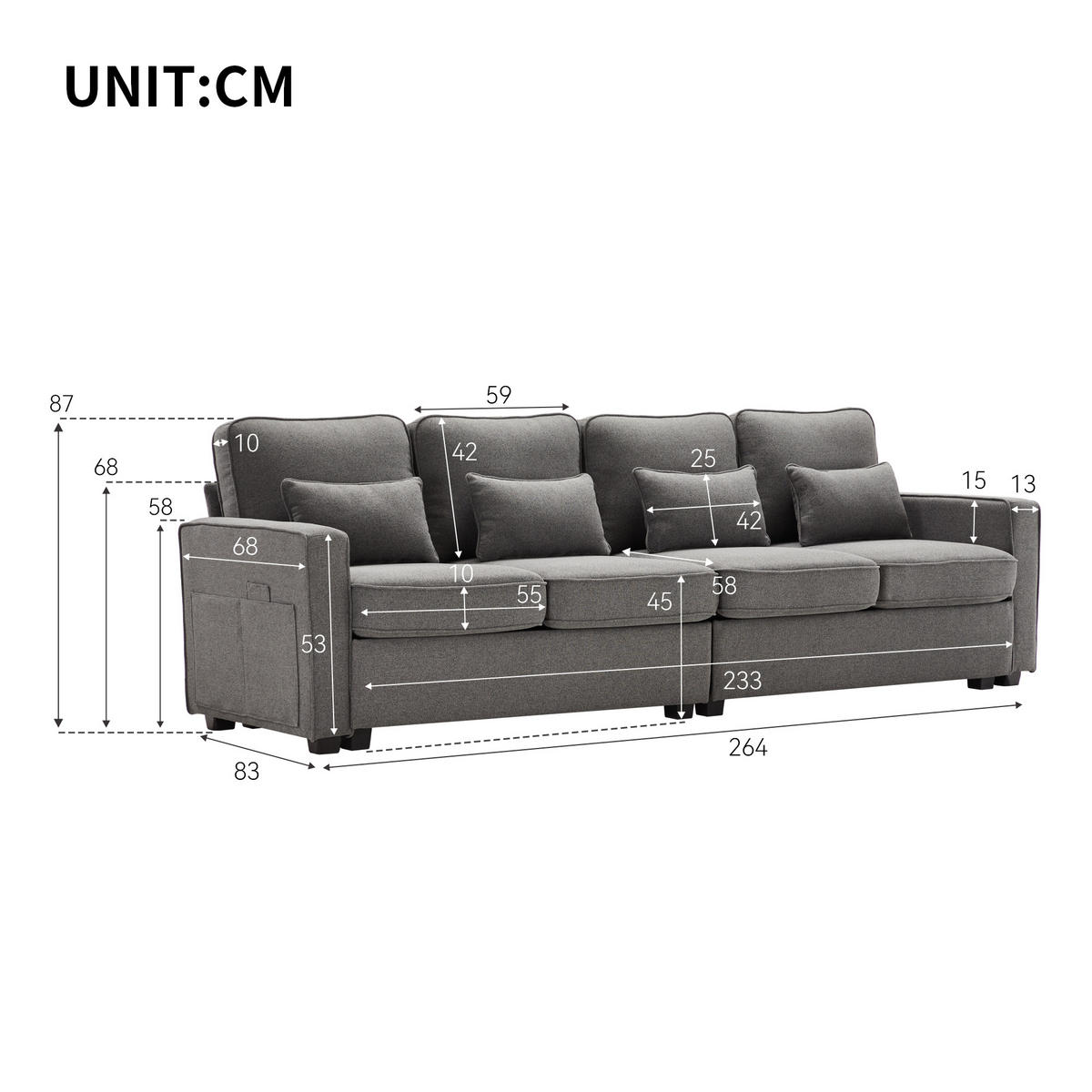 4-SITZER-SOFA Mit Leinenarmlehnen Und 4 Kissen Grau 264/83/87 cm - Grau, Holzwerkstoff/Metall (83/87/264cm) - Urban Meuble