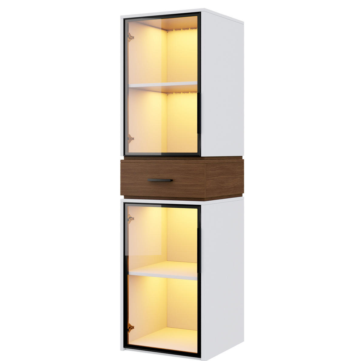 HIGHBOARD mit Glastüren und LED 40/40/200 cm in Weiß mit Schublade - Weiß, Holzwerkstoff (40/200/40cm) - BEAOK