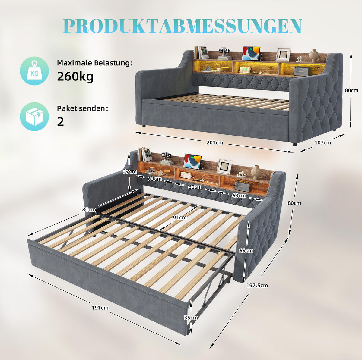 BETT 90/190 cm in Dunkelgrau mit Bett, LED-Beleuchtung und USB-Anschlüssen - Dunkelgrau, Textil (90/190cm) - Flora Grace