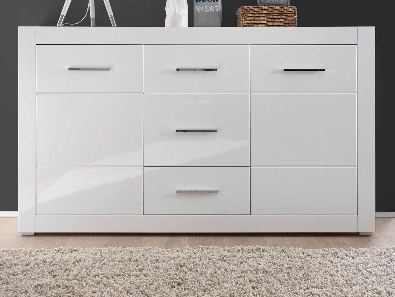 SIDEBOARD weiß Hochglanz, Wohn- und Esszimmer Kommode 164 cm - Weiß Hochglanz/Silberfarben, Holzwerkstoff/Kunststoff (164/97/42cm) - Furn.Design
