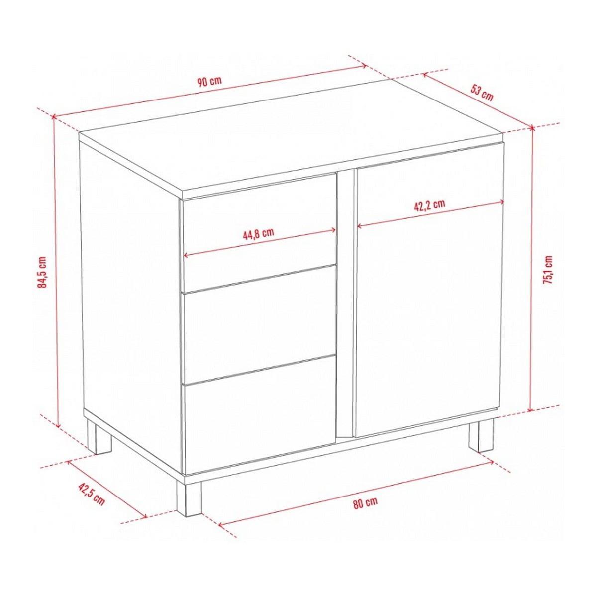 KOMMODE mit 3 Schubladen und 1 Tür - L90 cm - Altitude - Eiche Artisan/Grau, Holzwerkstoff (53/84/90cm) - Calicosy