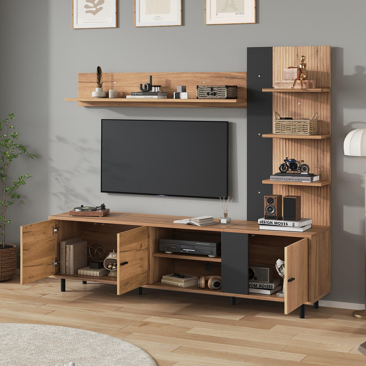 WOHNWAND 188cm Holz Schwarz TV-Board Vitrine Regal - Multicolor, Holzwerkstoff (187.5/167/40cm) - FLIEKS
