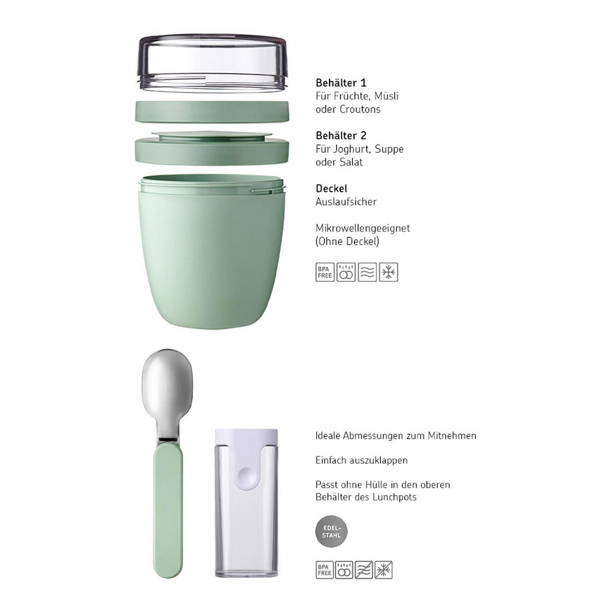 LUNCHPOT + FALTBARER LÖFFEL Ellipse Nordic Black 500 + 200 ml - Schwarz, Kunststoff (10.7/16.9/10.7cm) - Mepal