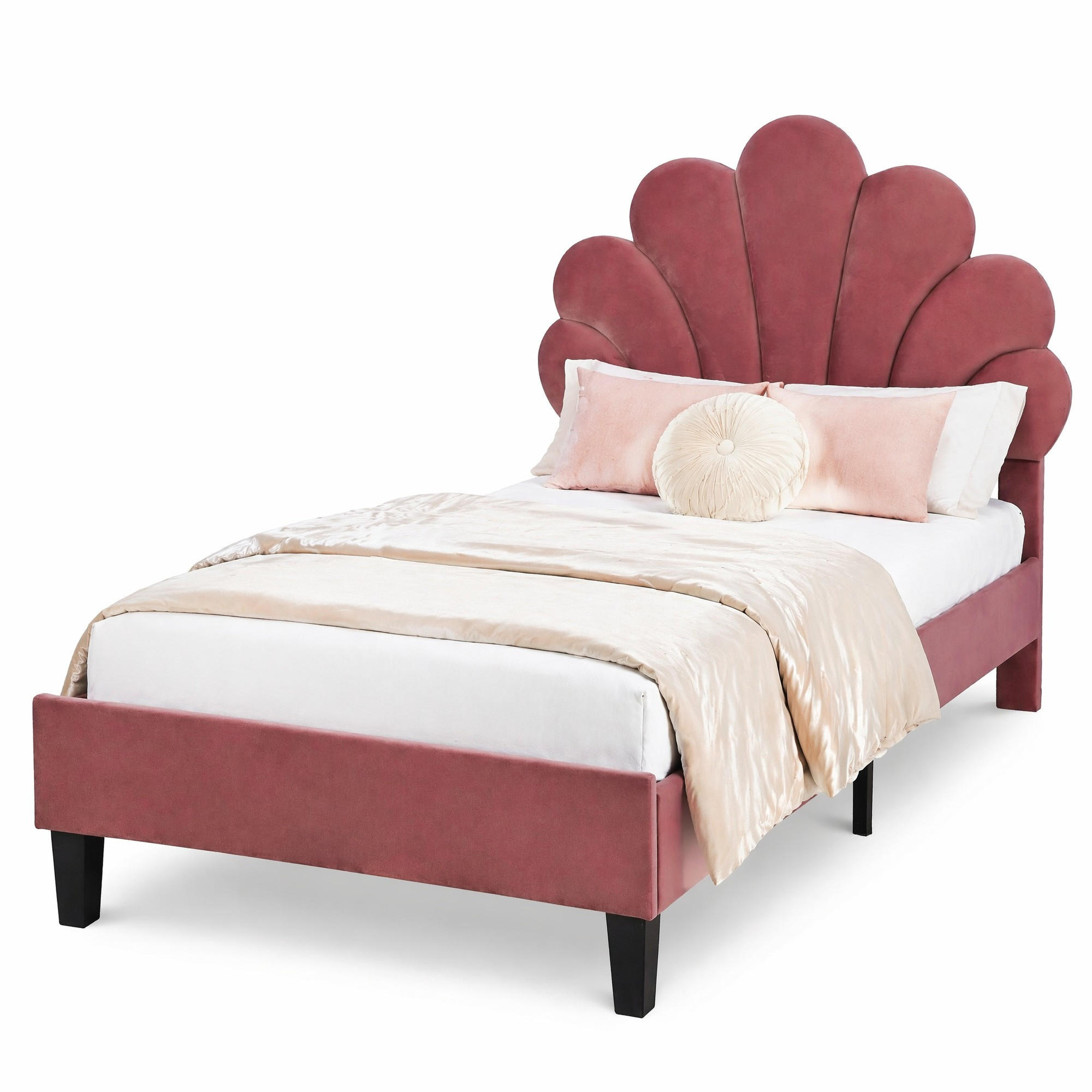 POLSTERBETT 90/200 cm in Bohnenrot Samt mit Blumen-Kopfteil - Dunkelrosa, Holzwerkstoff/Textil (90/200cm) - CHICFURN