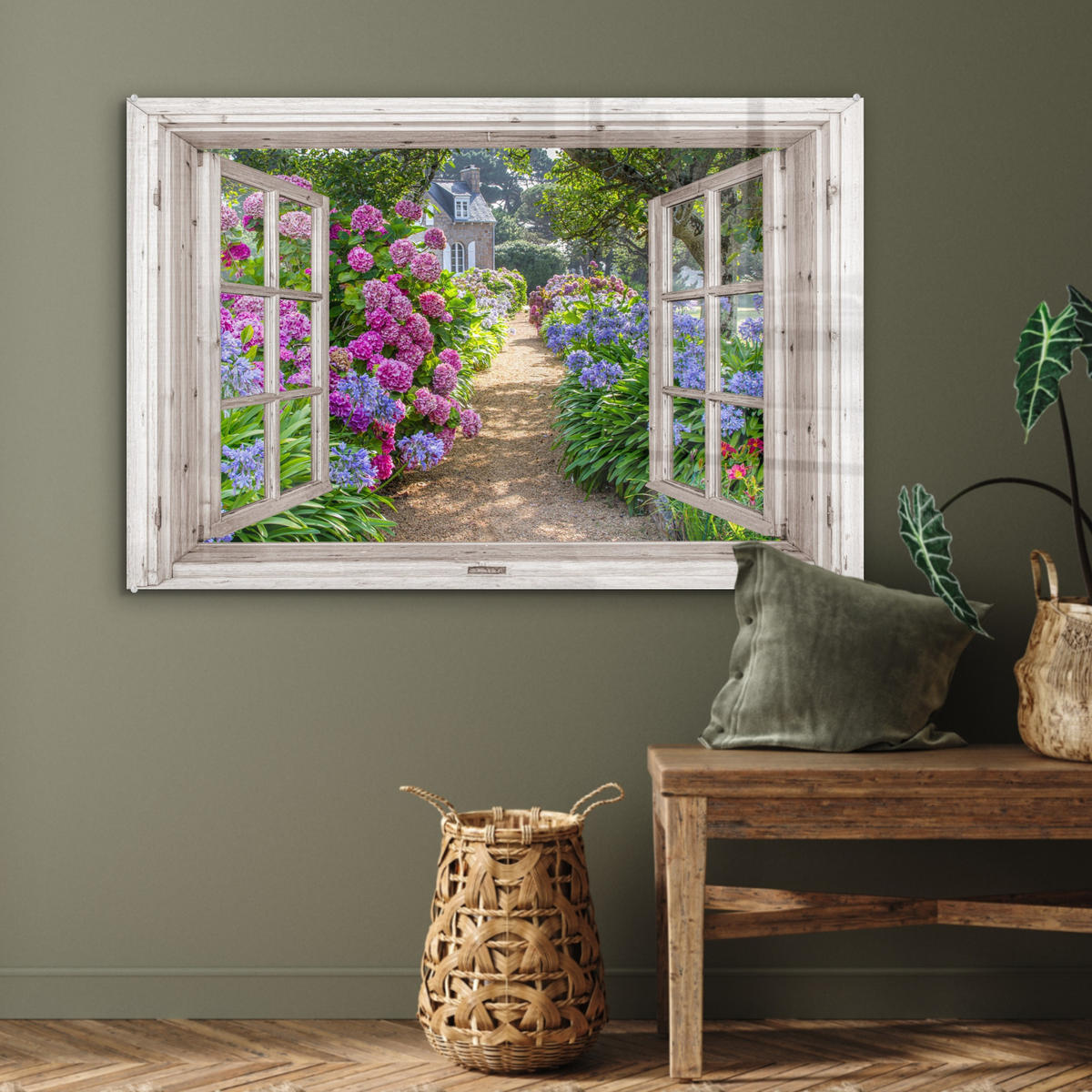 ACRYLGLASBILD Hortensie - Fensterblick - Blumen - Sommer - Lila - Weg 90x60 cm - Lila, Glas (90/60cm) - MuchoWow