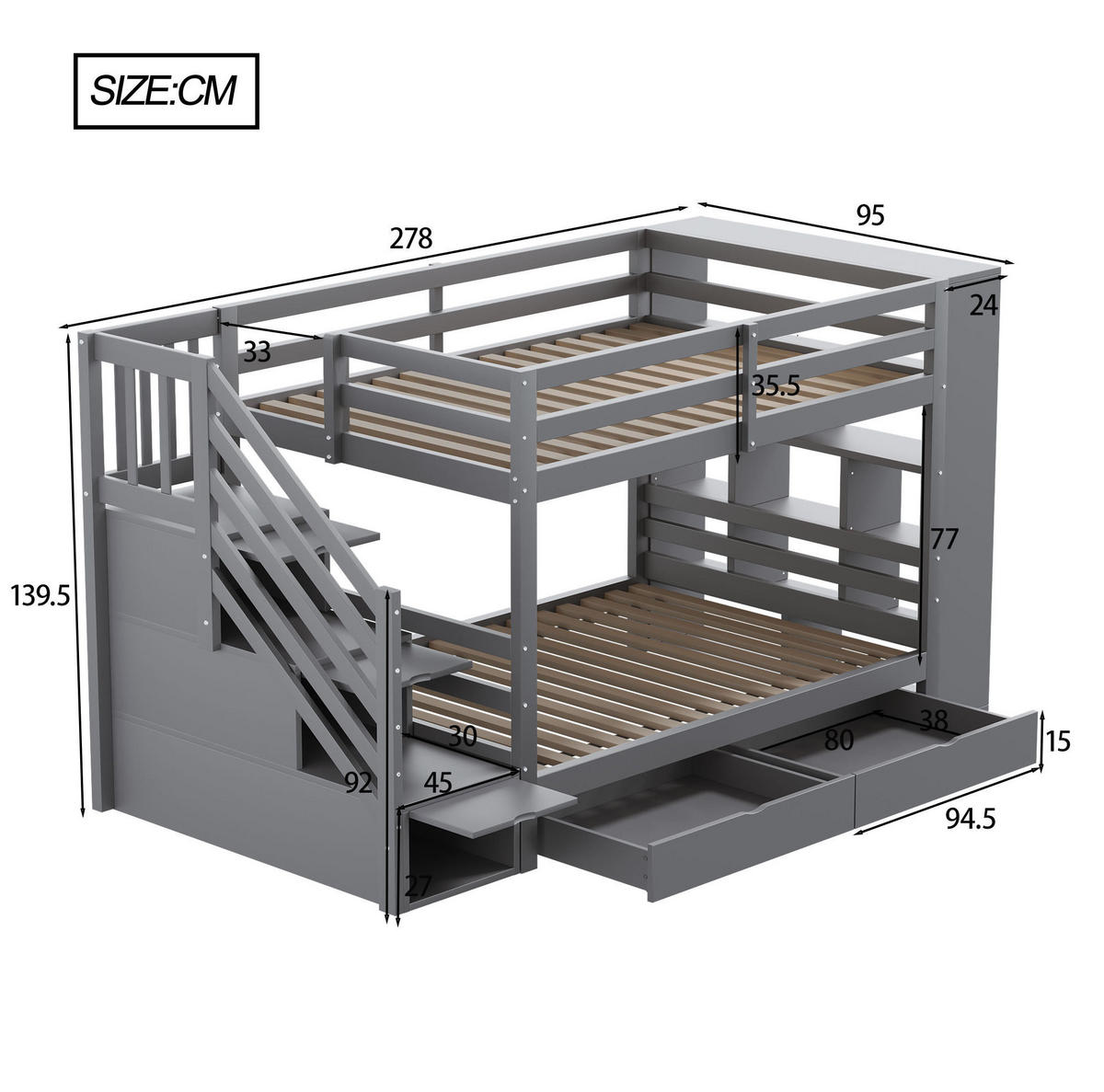 ETAGENBETT mit Stauraum und Sicherheitstreppe 90x200 cm Grau - Grau, Holzwerkstoff (90/200cm) - Beauniv