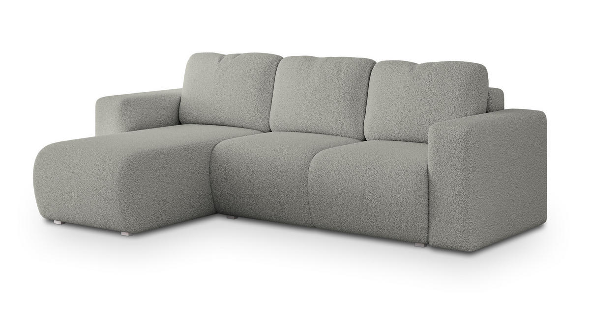 ECKSOFA RINOVA Hellgrau Boucle-Stoff mit Schlaffunktion - Hellgrau, Holz (250/143cm) - MASSENO