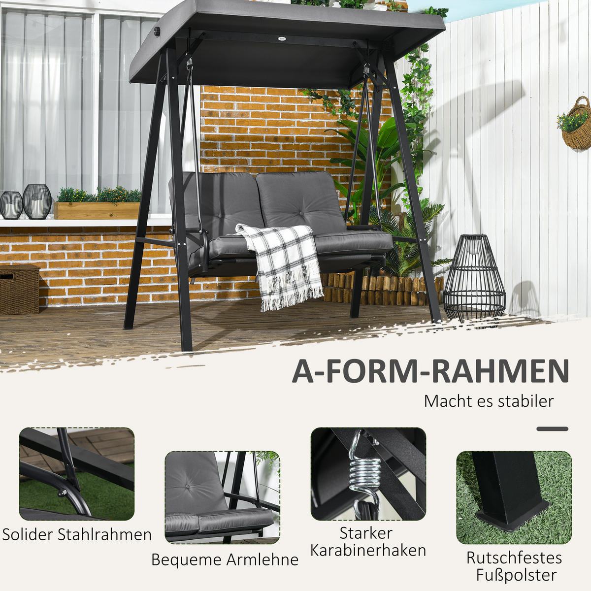 HOLLYWOODSCHAUKEL 2-Sitzer mit Verstellbarem Dach - Dunkelgrau, Metall (116/172/145cm) - Outsunny