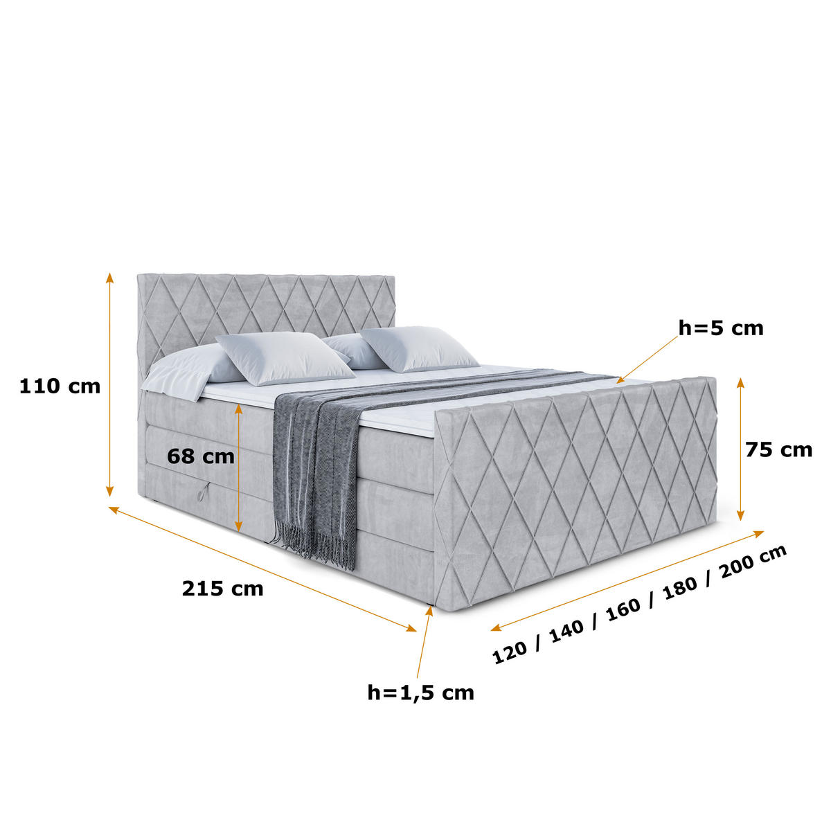 BOXSPRINGBETT LEPARO-Z KING - 120 x 200 - H3/H4 - Hellgrau - Hellgrau, Holzwerkstoff (120/200cm) - ALTDECOR