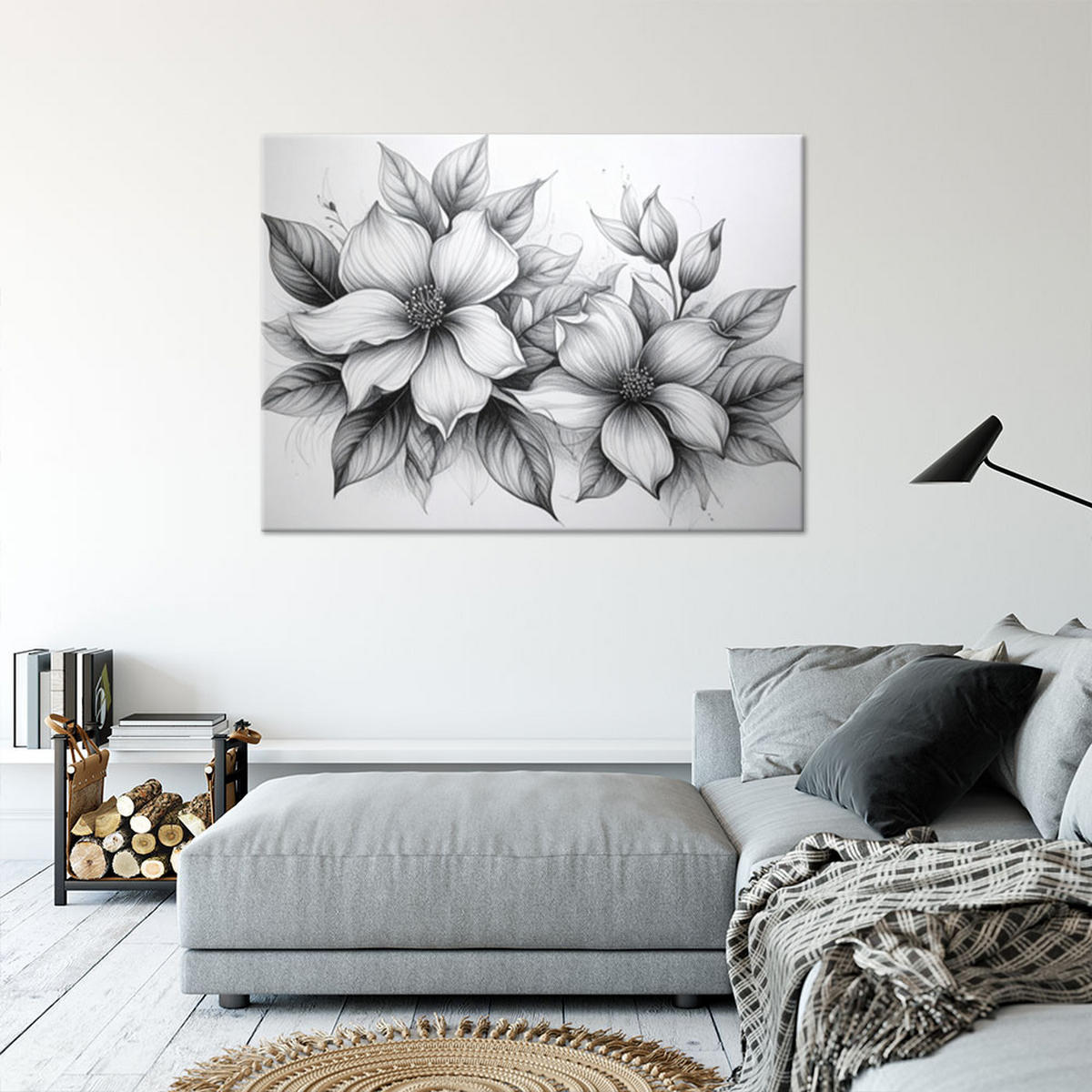 BILD auf Leinwand, Schwarz-Weiß-Skizze von Blumen - Weiß, Textil (60/40cm) - Feeby
