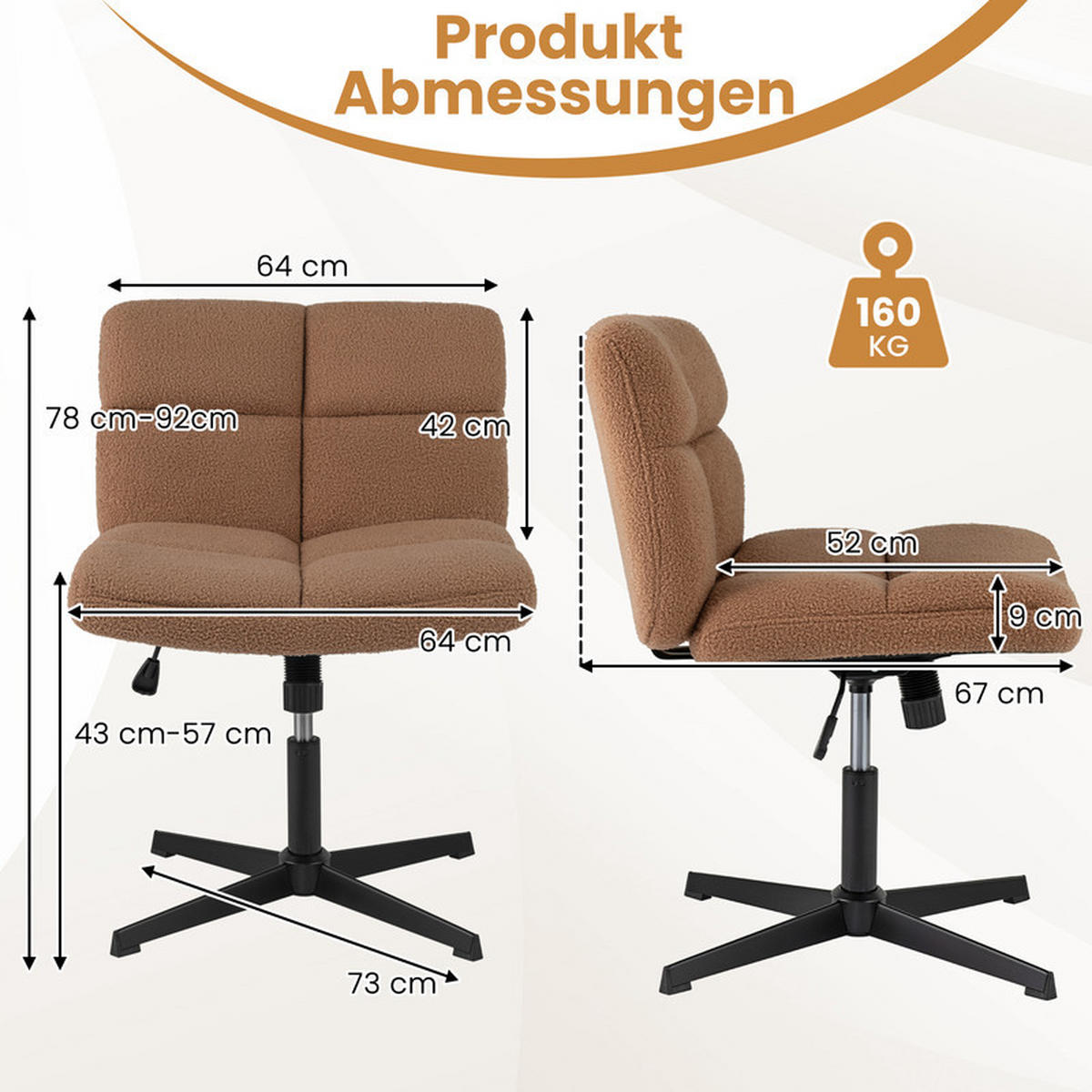 BÜROSTUHL Braun - Braun, Metall (73/78/64cm) - COSTWAY