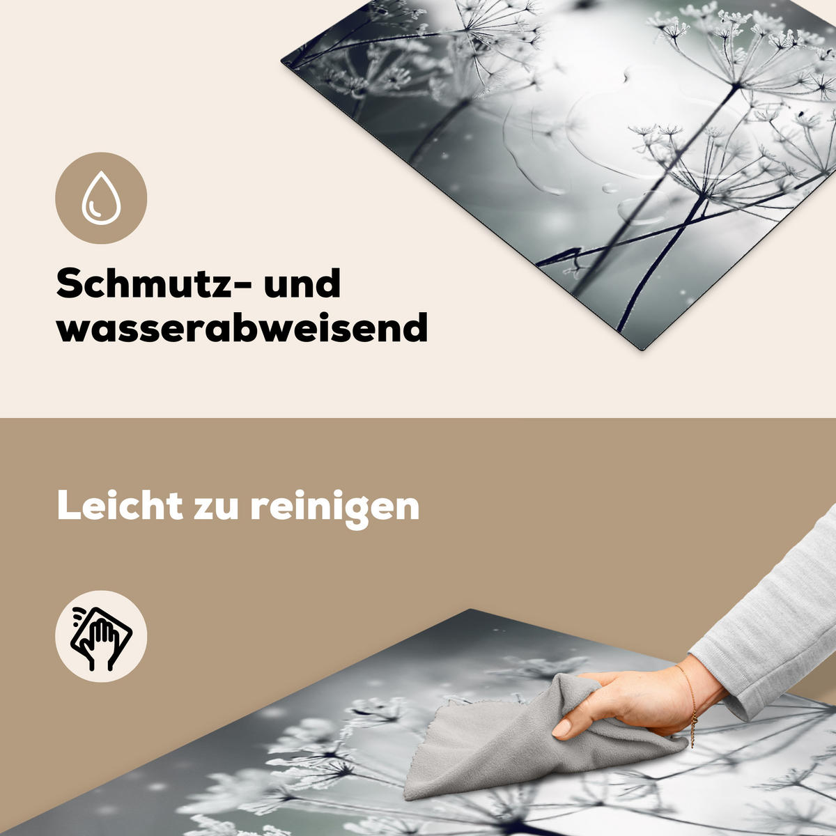 HERDABDECKPLATTE Blumen - Winter - Schnee - Natur Herdabdeckung Induktionsfeld 65x52 cm - Grau, Kunststoff (65/52/0.2cm) - MuchoWow