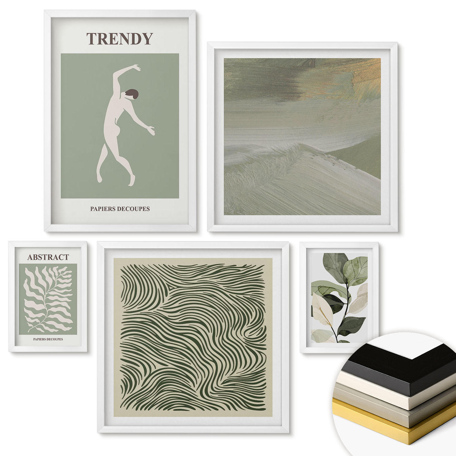 WANDBILDER 5er-Set - 50x50 cm & 20x30 cm & 40x60 cm Weißer Rahmen - Abstrakte Pflanzenmuster - Weiß, Kunststoff (40/60cm) - ArtPrintCave